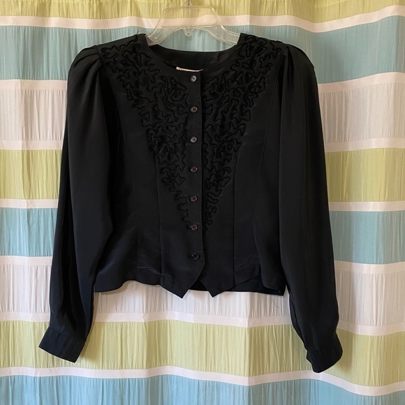 Vintage Edwardian Style Embroidered Black Blouse Sz 8 - Picture 12 of 12
